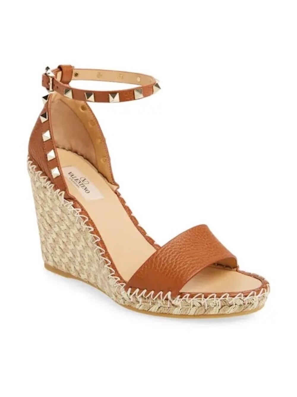 Valentino Brown Leather Espadrille Wedge Sandal with Studded Ankle Strap